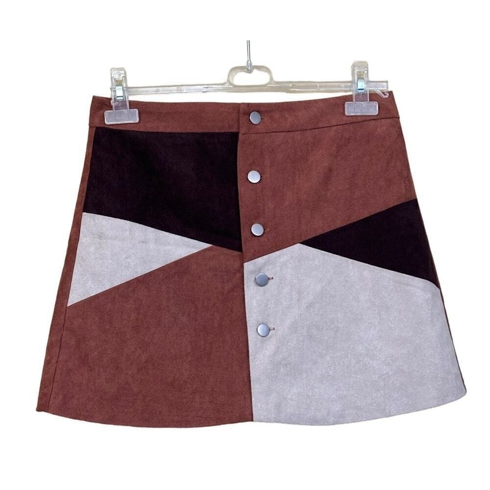 Raga Suede Patchwork Mini Skirt Brown Mod 70s Boho Button Front Indie Festival